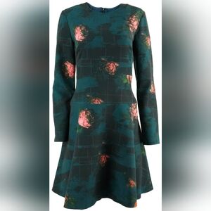 Lela Rose $1260 Teal and Pink Floral Long Sleeve Dress